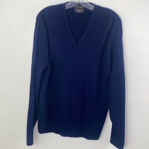Vintage Mens JCPenney Blue V-Neck Sweater Ribbed Knit Long Sleeve Size Large